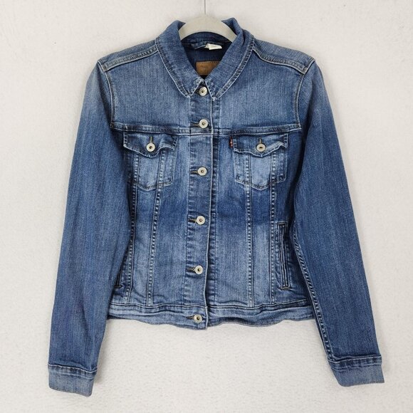 Levis Jacket Womens XL Blue Denim Trucker Jean Stretch Pockets Casual Button Up - Picture 1 of 13